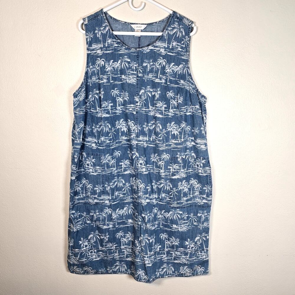 Cj banks Jumper Denim Dress Women's 2X Blue White Palm Tree Print Summer Casual